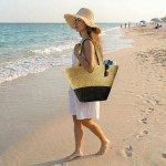 Straw Tote: Woven Wheat Straw Tote - 2 Tones - Black - BG-R11052BK